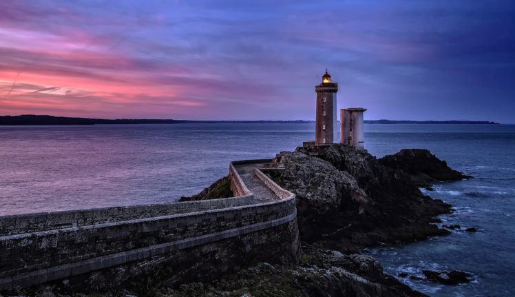 france, Sea, Rock, Lighthouse, Sunset, Sky HD Wallpaper Desktop Background