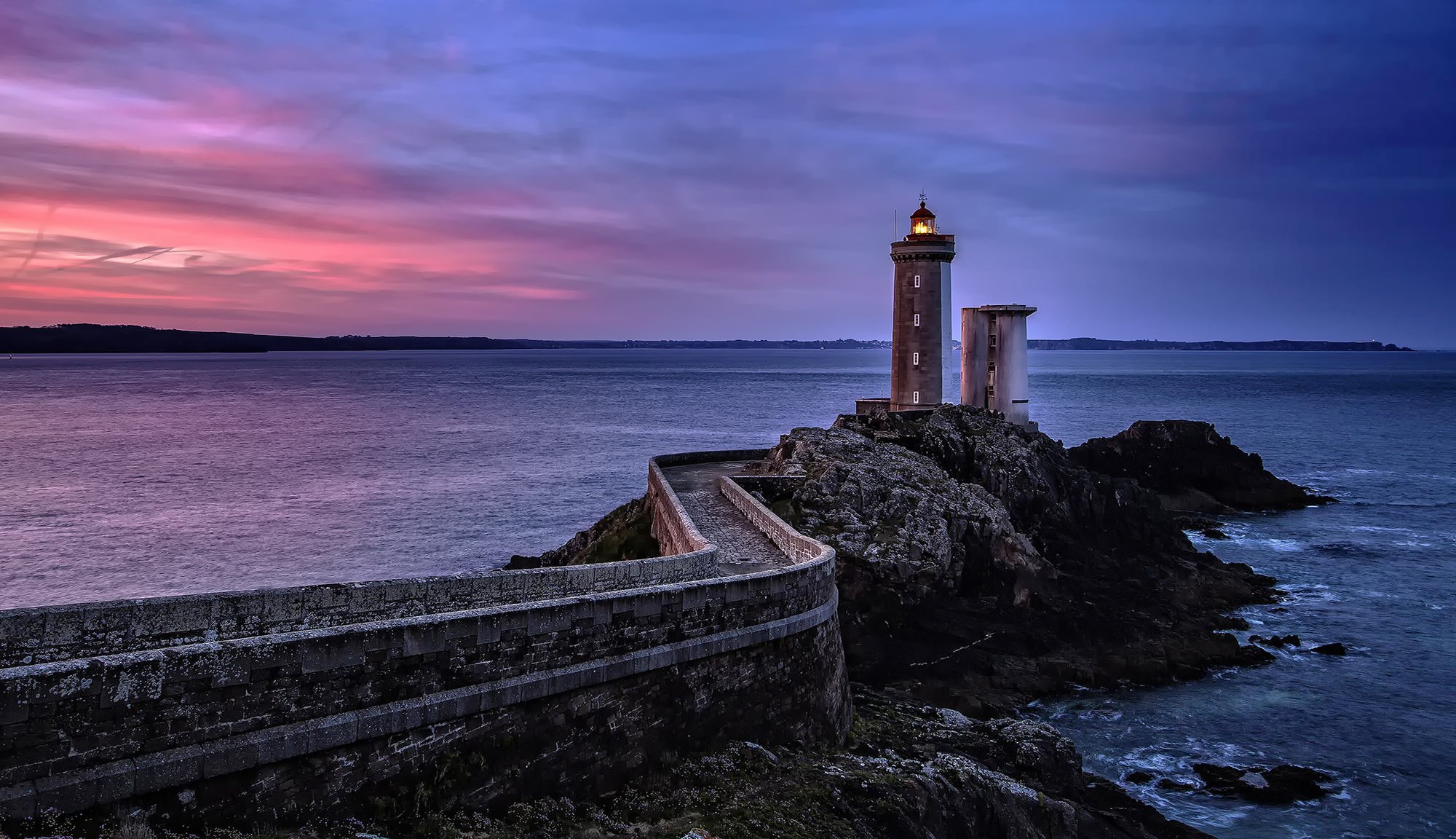 france, Sea, Rock, Lighthouse, Sunset, Sky Wallpaper