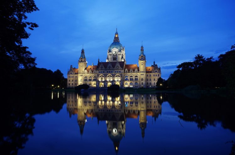 germany, Pond, Hanover, New, Town, Hall, Palace, Night, Cities, Reflection HD Wallpaper Desktop Background