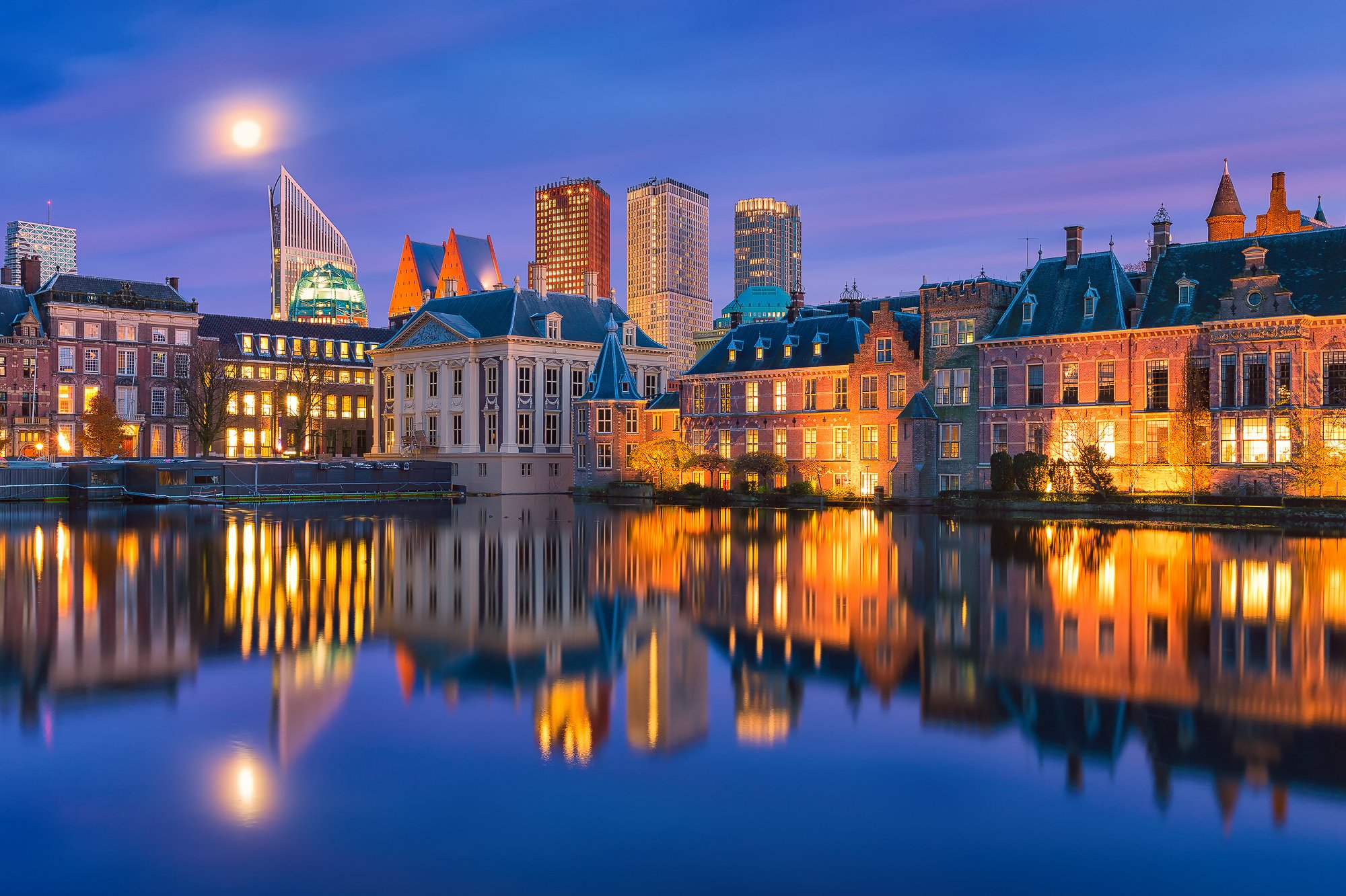 hague, Netherlands, The, Hague, Netherlands, Holland, Night, City, Buildings, Waterfront, Water, Reflection Wallpaper