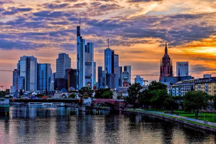 germany, Skyscraper, River, Sky, Frankfurt, Night, Cities HD Wallpaper Desktop Background