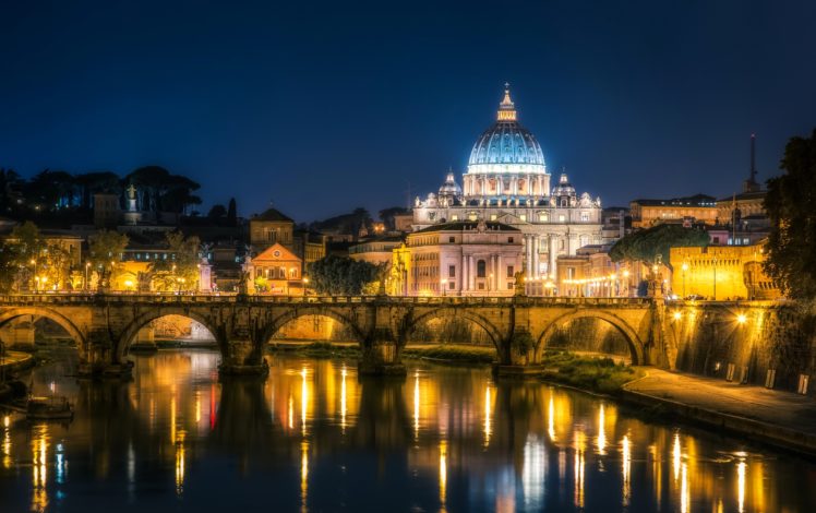 italy, Temples, Rivers, Bridges, Vatican, City, Rome, Night, Cities, Reflection HD Wallpaper Desktop Background