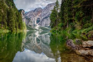 lake, Braies, Mountains, Forest, Landscape, Italy, Reflection