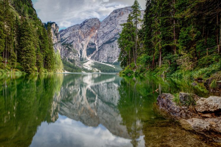 lake, Braies, Mountains, Forest, Landscape, Italy, Reflection HD Wallpaper Desktop Background