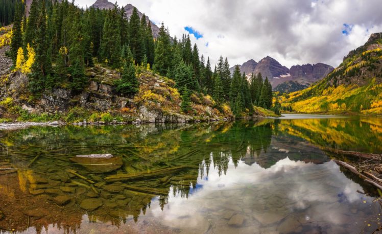 lake, Mountains, Reflection, Forest, Trees, Forest, Maroon, Bells, Colorado, Autumn HD Wallpaper Desktop Background