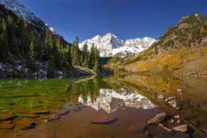 lake, Mountains, Reflection, Forest, Trees, Forest, Maroon, Bells, Colorado, Autumn