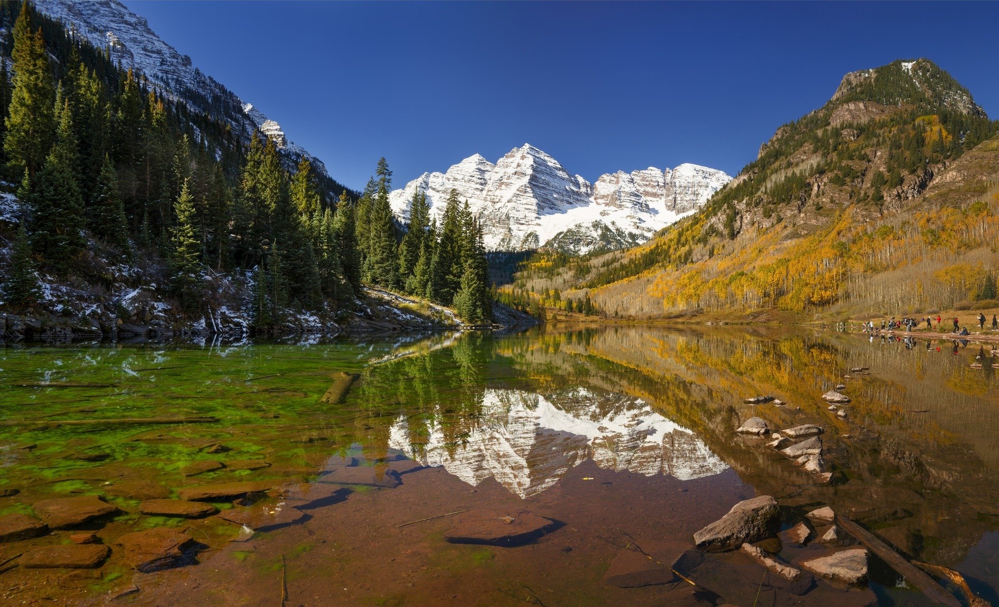 lake, Mountains, Reflection, Forest, Trees, Forest, Maroon, Bells, Colorado, Autumn Wallpaper