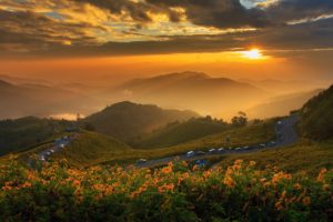 landscape, Nature, Mountains, Clouds, Sunset, Sun, Road, Flowers, Thailand