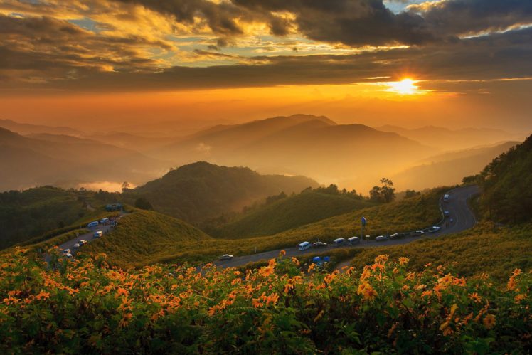 landscape, Nature, Mountains, Clouds, Sunset, Sun, Road, Flowers, Thailand HD Wallpaper Desktop Background