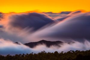 mountains, Trees, Forest, Sunrise, Shutter, Speed, Clouds, Fog, Nature, Landscape