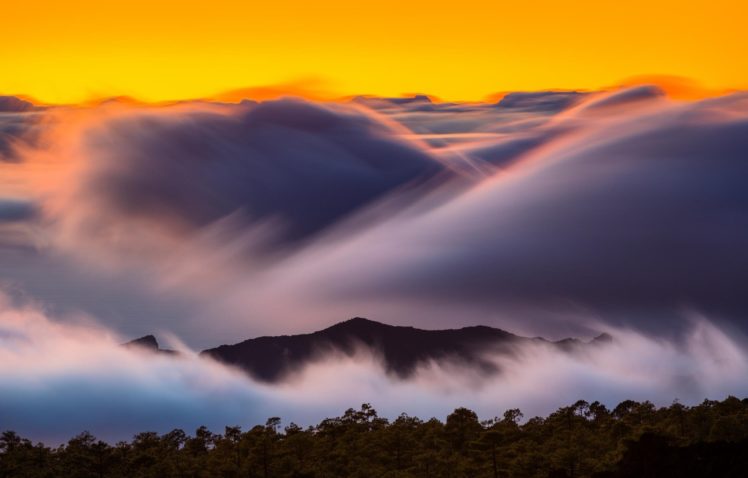mountains, Trees, Forest, Sunrise, Shutter, Speed, Clouds, Fog, Nature, Landscape HD Wallpaper Desktop Background