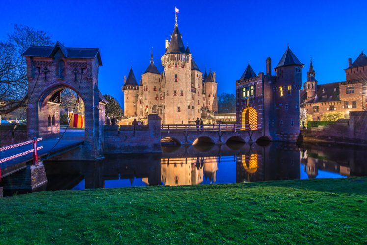 netherlands, Castle, River, Bridges, De, Haar, Night, Cities HD Wallpaper Desktop Background