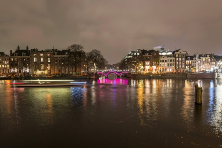 netherlands, House, River, Amsterdam, Night, Cities, Reflection HD Wallpaper Desktop Background