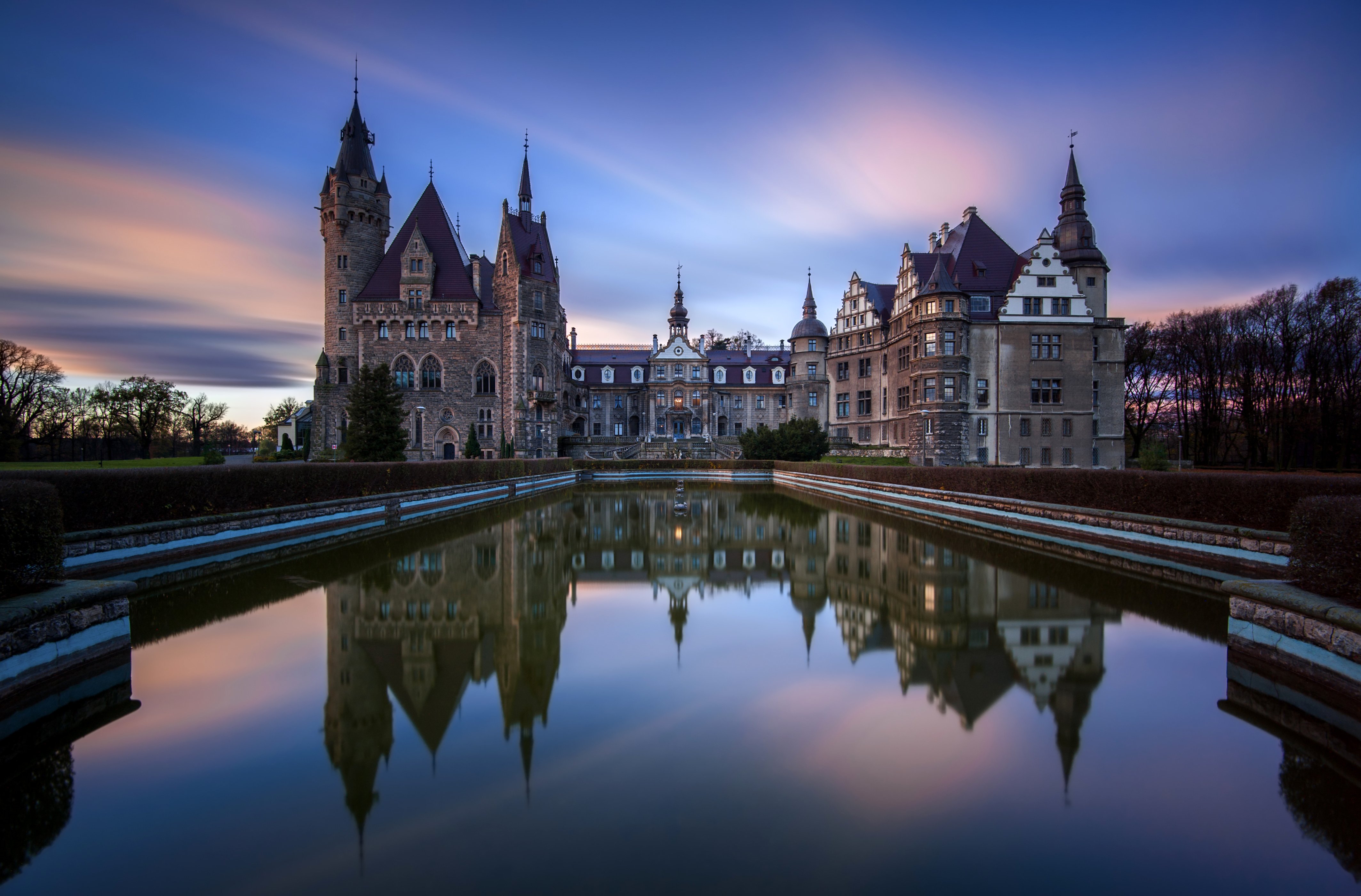 poland, Castle, Pond, Sunrise, And, Sunset, Moszna, Cities, Reflection Wallpaper