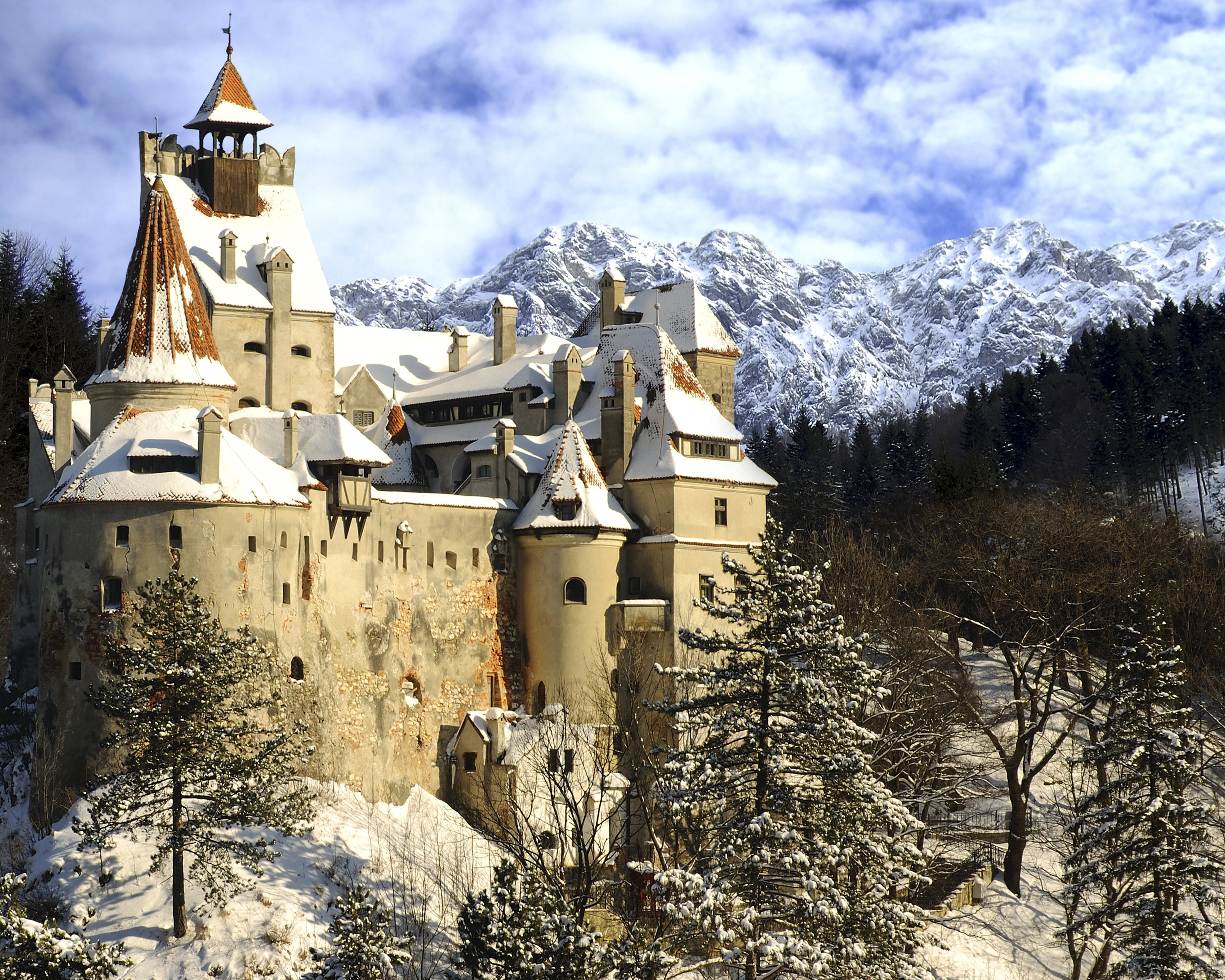 romania, Castles, Mountains, Winter, Bran, Castle, Transylvania, Snow, Fir Wallpaper