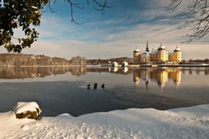 schloss, Moritzburg, Germany, Castle, Lake, Reflection, Water, Winter, Snow