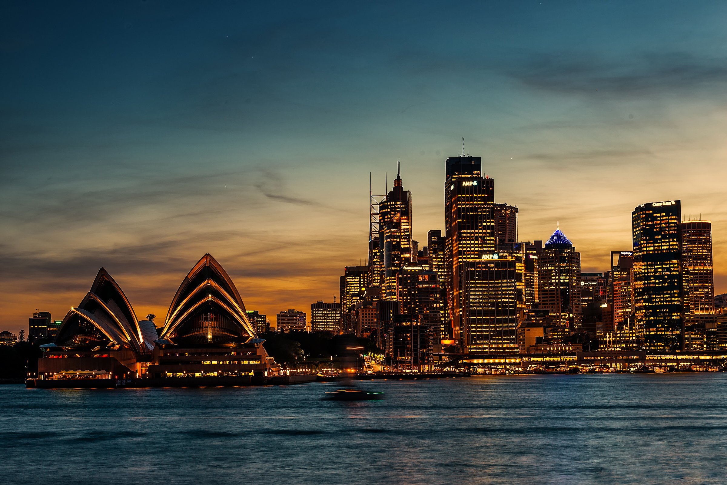 sydney, Australia, Opera, Theater, Sunset, Evening, Clouds, Water, Sea, Ocean, Skyscrapers, Buildings, Houses, Lights, Landscape, City Wallpaper