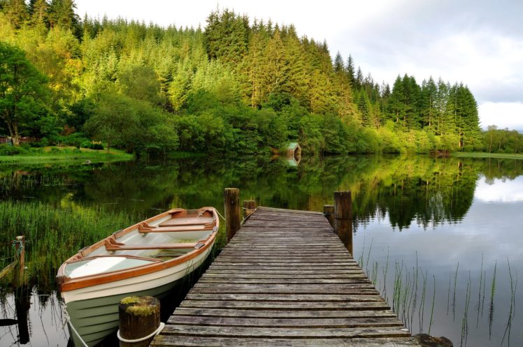 wood, Boat, Trees, Bridge, Sky, Lake, Reflection HD Wallpaper Desktop Background