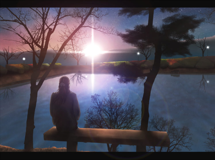 brown, Hair, Hono, Mochizuki, Landscape, Original, Scenic, Sky, Stars, Sunset, Tree, Water HD Wallpaper Desktop Background
