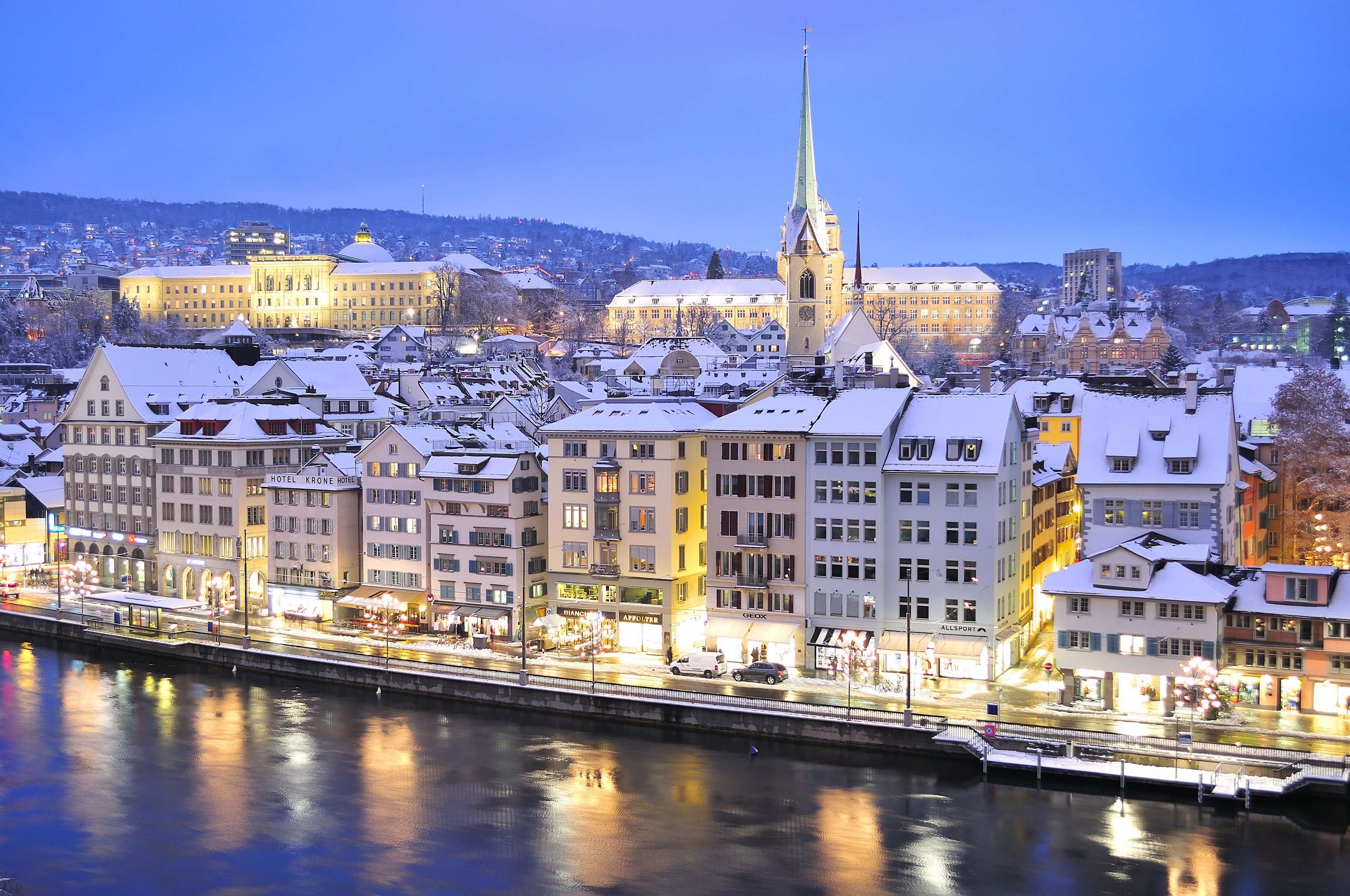 zurich, Switzerland, Limmat, River, Zurich, Switzerland, Limmat, River, The, River, Embankment, Buildings, Winter, Reflection Wallpaper