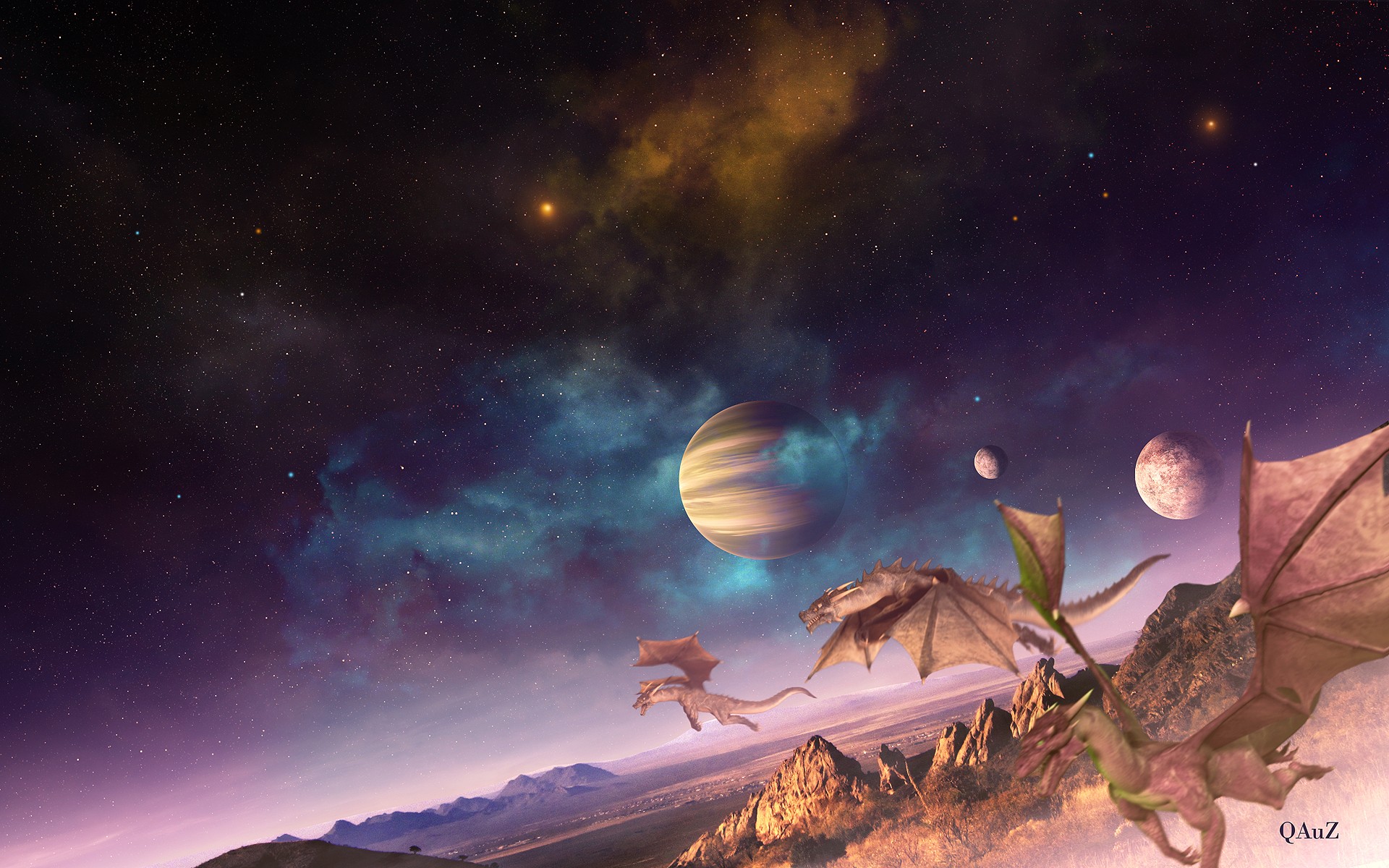 outer, Space, Fantasy, Art, Digital, Art, Creatures, Dragons, Fantasy, Planets, Landscapes Wallpaper