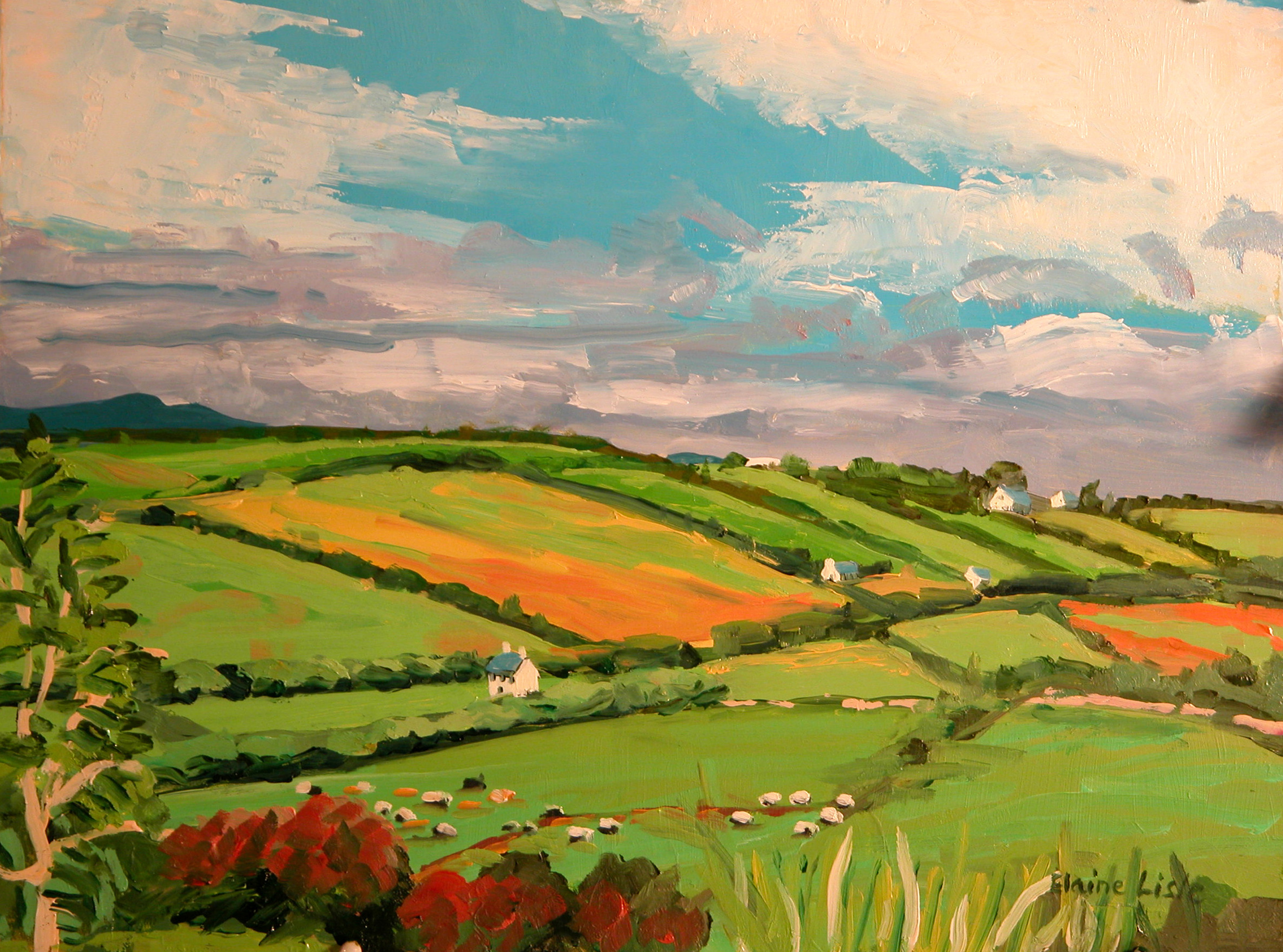 paintings, Clouds, Landscapes, Fields, Hills, Villages Wallpaper