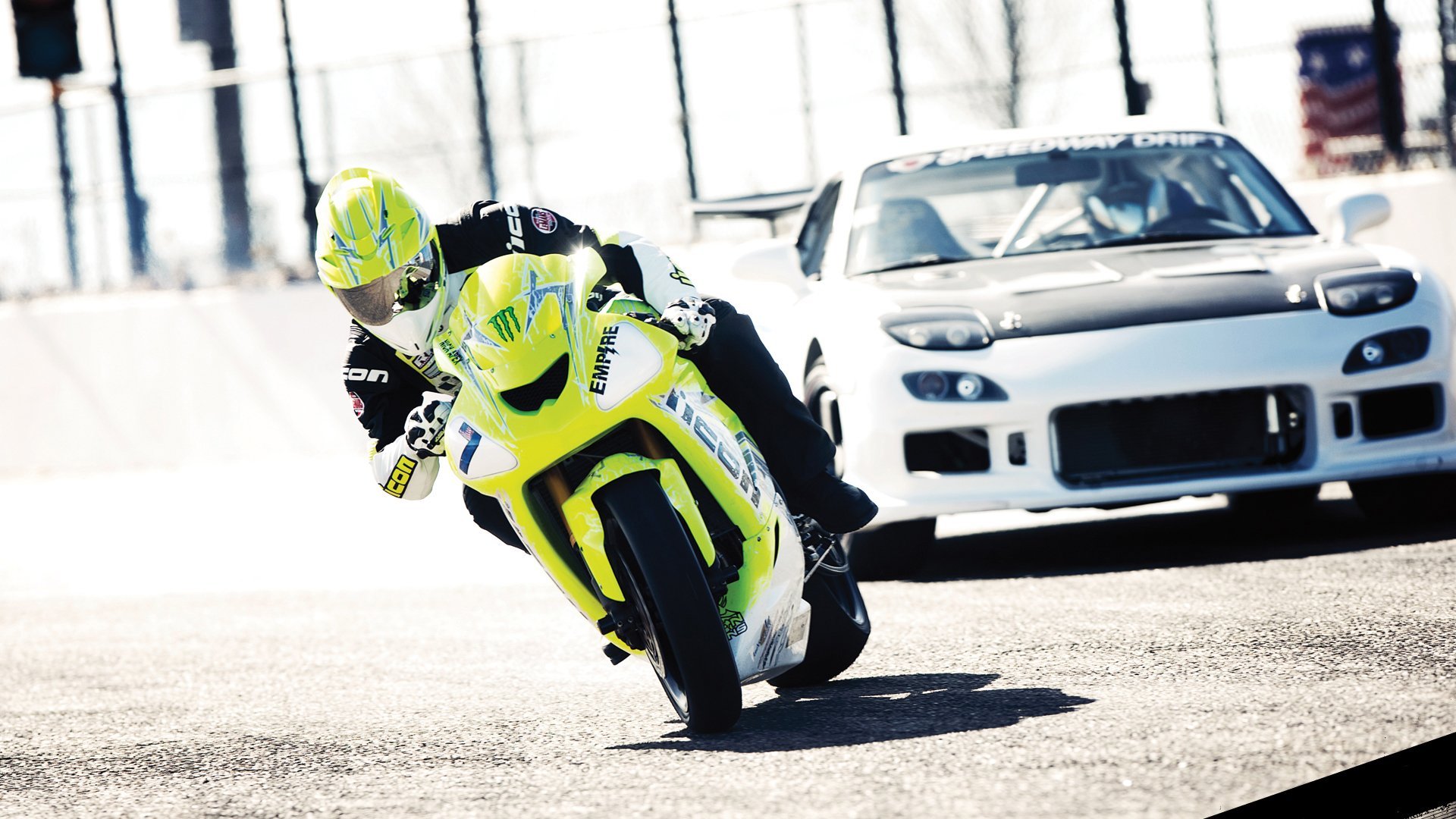 car, Vs, Bike, Drift, 1920x1080 Wallpaper