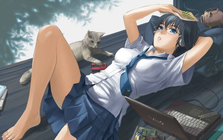 animal, Barefoot, Black, Hair, Blue, Eyes, Cat, Computer, Glasses, Headphones, Skirt, Tan, Taka, Tie HD Wallpaper Desktop Background