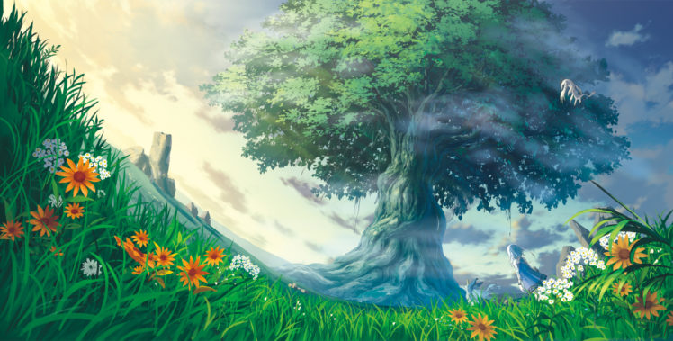 animal, Clouds, Dontakku, Dress, Flowers, Grass, Original, Scenic, Sky, Tree, White, Hair HD Wallpaper Desktop Background
