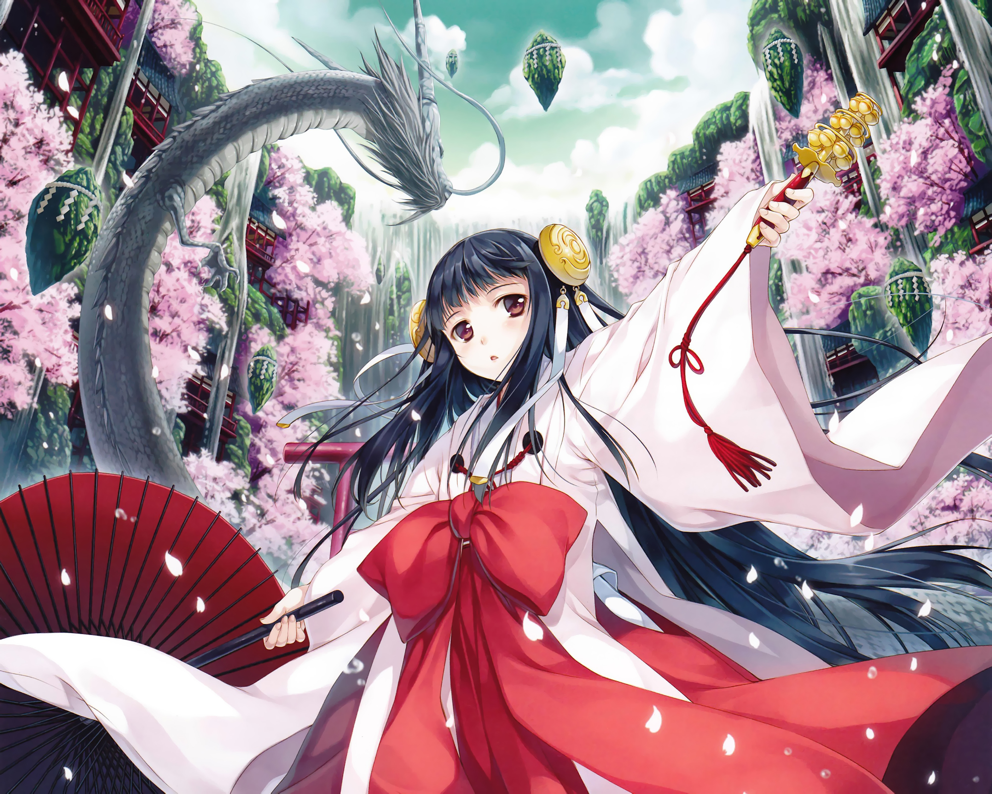 black, Hair, Dragon, Japanese, Clothes, Keg, Miko, Original, Petals Wallpaper