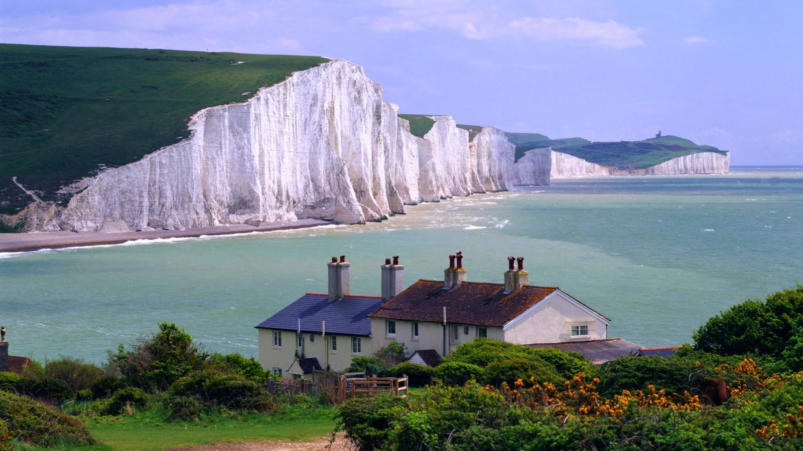 ocean, Houses, Cliffs Wallpaper