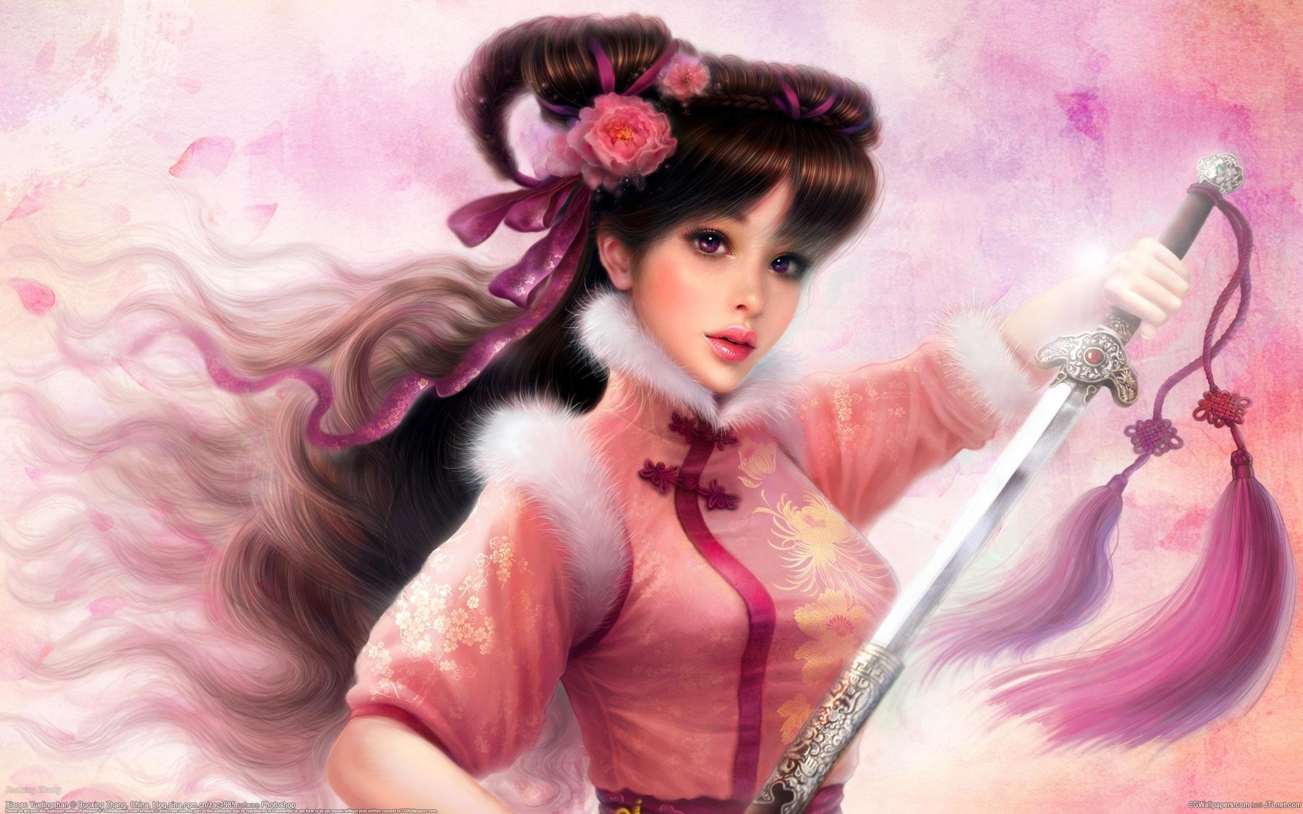 fantasy, Girl, Kimono, Long, Hair, Petals, Beautiful, Sword, Flower Wallpaper