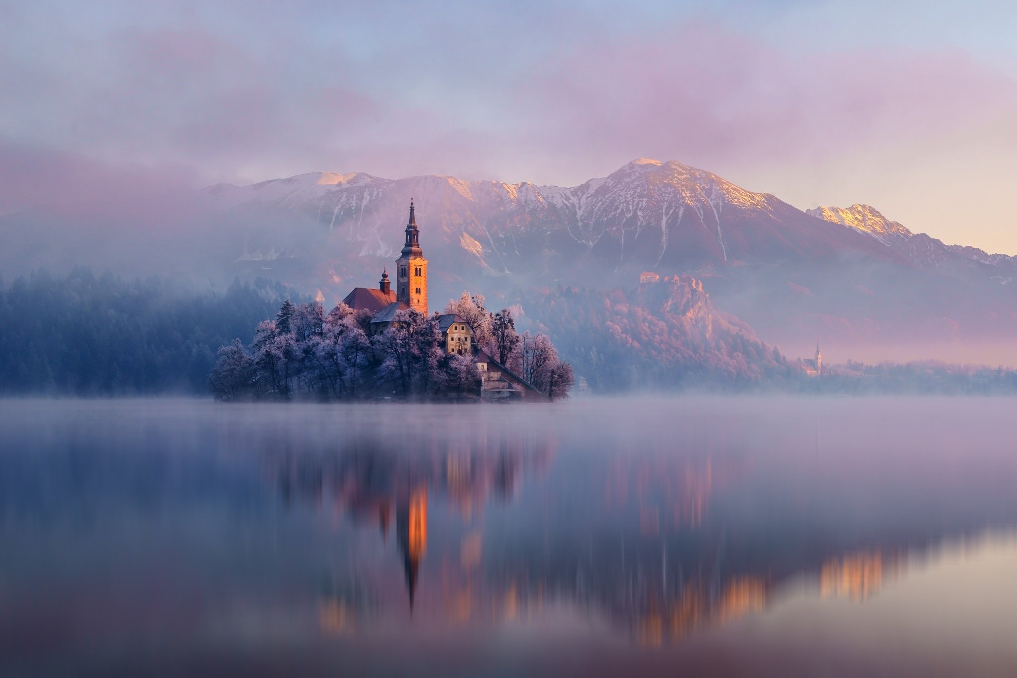 church, Mountains, Lake, Water, Reflection, Island, Nature, Forest, Landscape Wallpaper