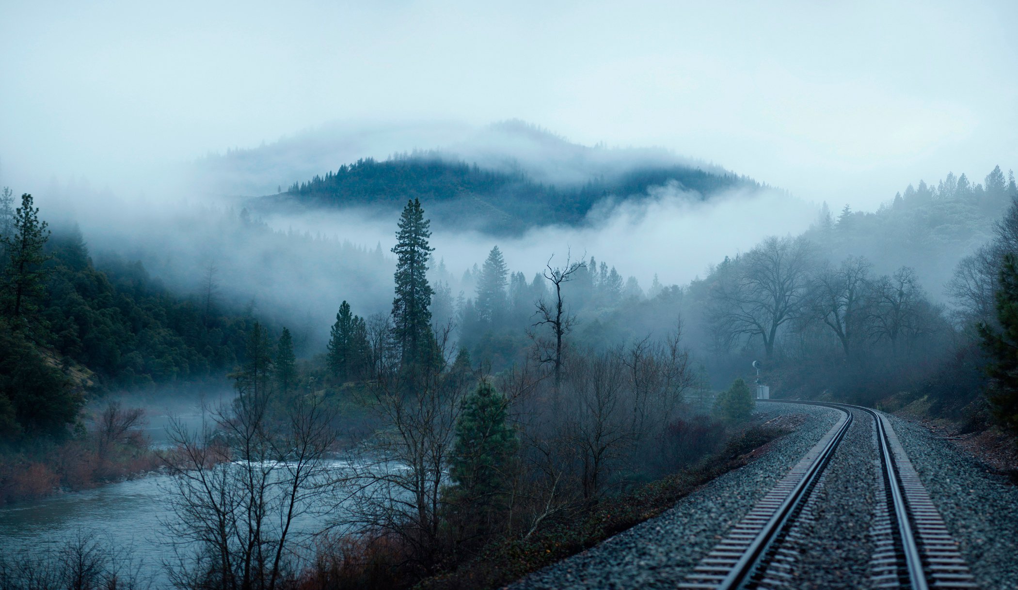 forest, Trees, River, Water, Mountains, Morning, Fog, Railroad