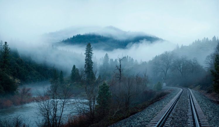 forest, Trees, River, Water, Mountains, Morning, Fog, Railroad, Landscape, Nature, Train HD Wallpaper Desktop Background