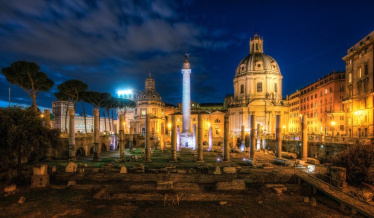 italy, Ruins, Famous, Buildings, Trajans, Forum, Rome, Night, Cities HD Wallpaper Desktop Background