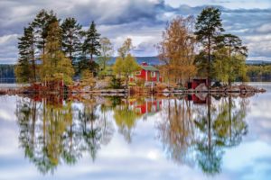 landscape, Sky, Clouds, Trees, Forest, Lake, Water, Reflection, House, Nature, Autumn