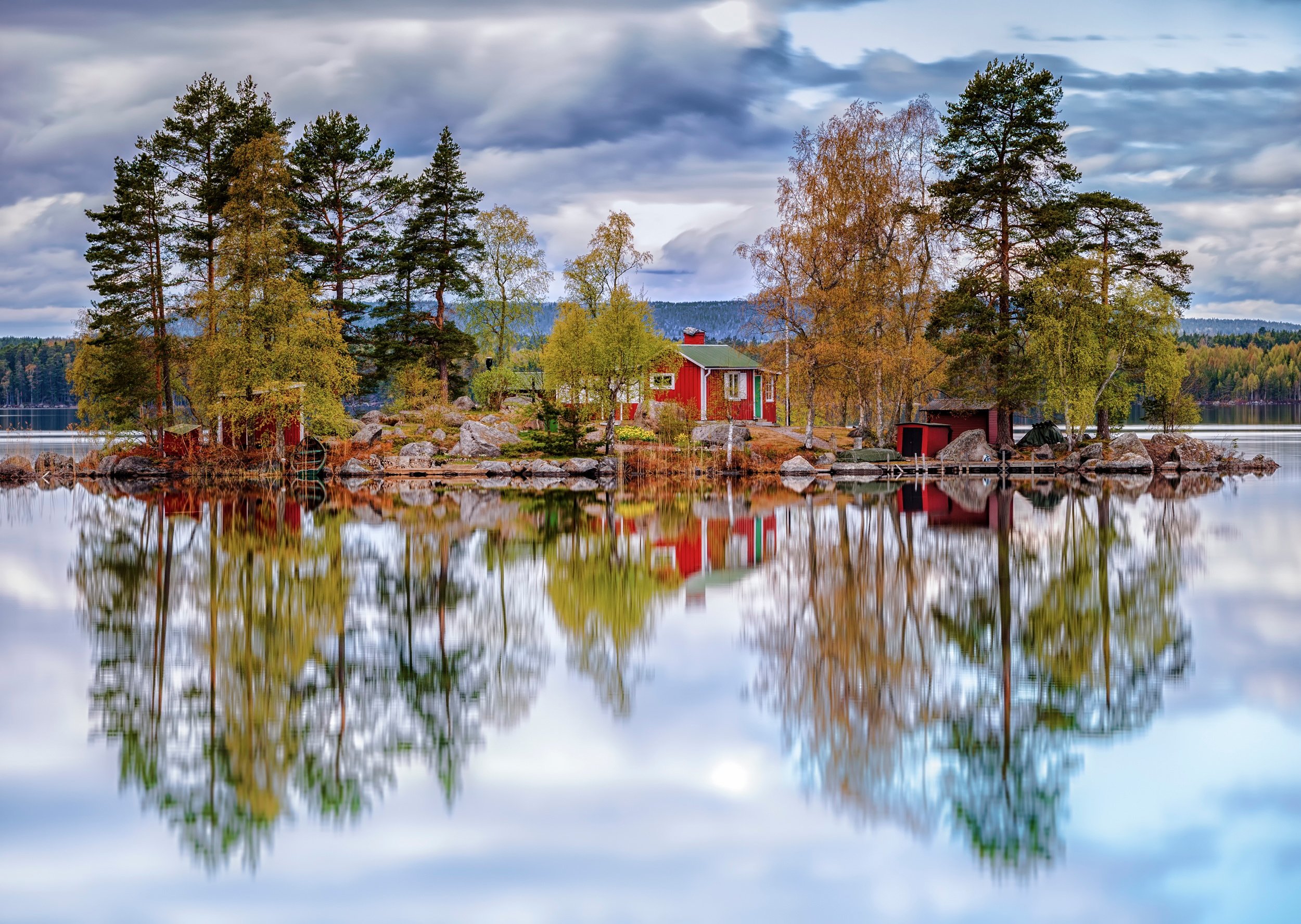 landscape, Sky, Clouds, Trees, Forest, Lake, Water, Reflection, House, Nature, Autumn Wallpaper