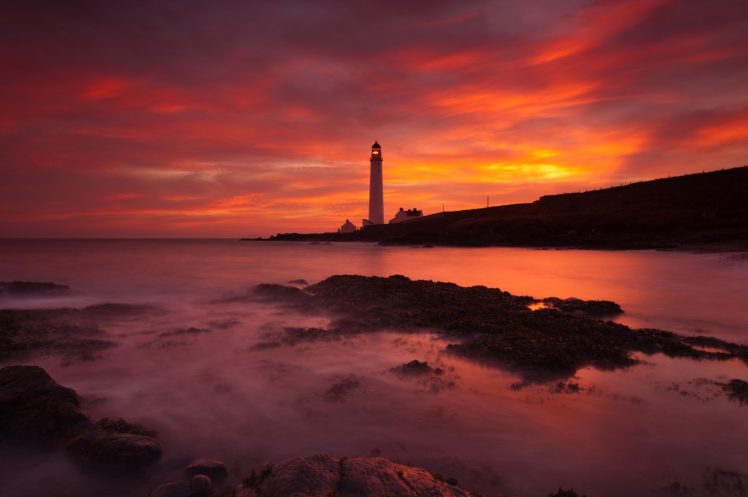 lighthouse, Ocean, Sunrise, Beach, Rocks, Water, Landscape, Nature HD Wallpaper Desktop Background