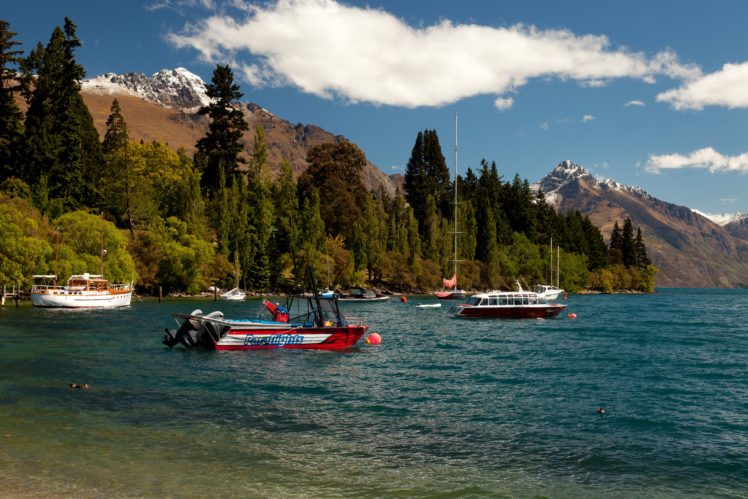new, Zealand, Lake, Motorboat, Lake, Wakatipu, Queenstown, Trees, Nature, Boat HD Wallpaper Desktop Background