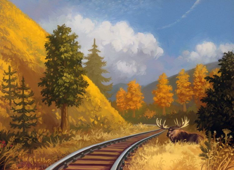 painting, Art, Moose, Railroad, Nature, Animals, Train, Moose, Deer HD Wallpaper Desktop Background