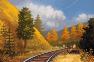 painting, Art, Moose, Railroad, Nature, Animals, Train, Moose, Deer