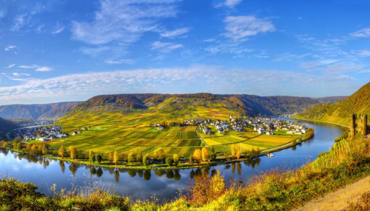 scenery, House, River, Field, Sky, Germany, Beilstein, Cities, Nature, City HD Wallpaper Desktop Background
