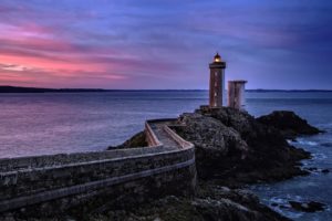 scenery, Sea, Rocks, Lighthouse, Sunset, Sky