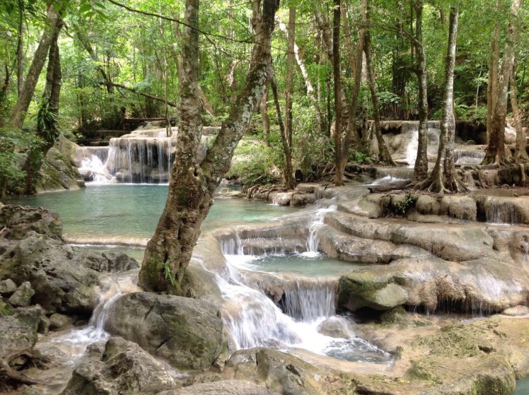 waterfall, Cascade, Forest, Trees, Kanchanaburi, Thailand, Kanchanaburi, Thailand, Erawan HD Wallpaper Desktop Background