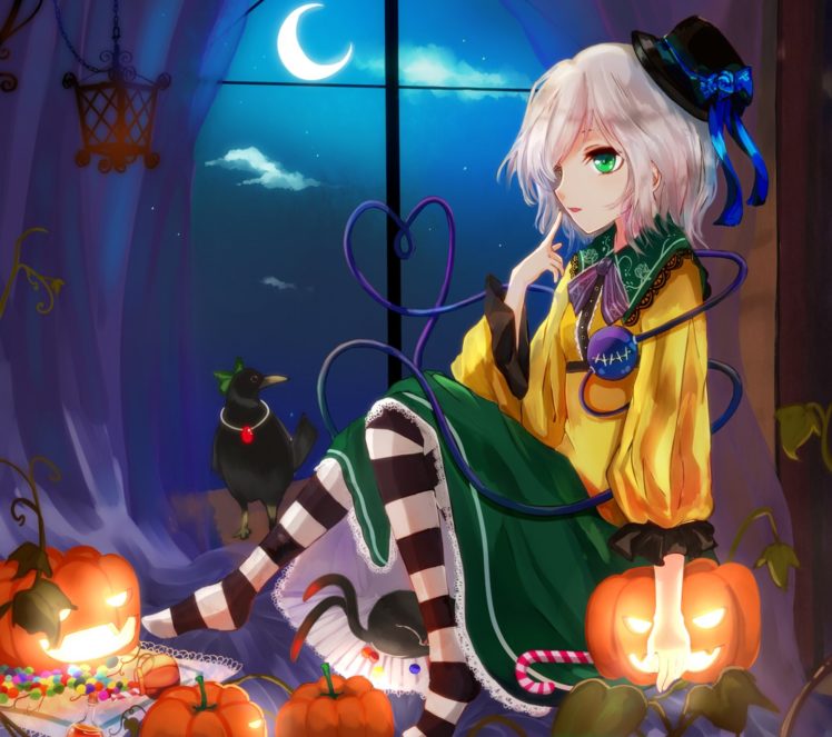 touhou, Halloween, Anime, Girl, Bird, Animal, Moon, Star, Blue, Sky, Short, Hair HD Wallpaper Desktop Background