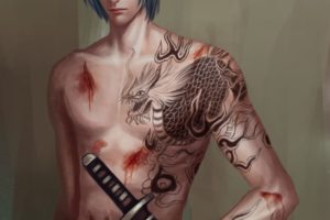 fantasy, Man, Sword, Warrior, Blood, Blue, Hair, Tattoo