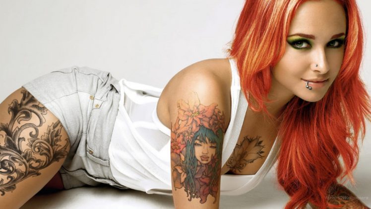 sensuality,  , Tattoo, Girl, Redhead, Short, Piercing HD Wallpaper Desktop Background