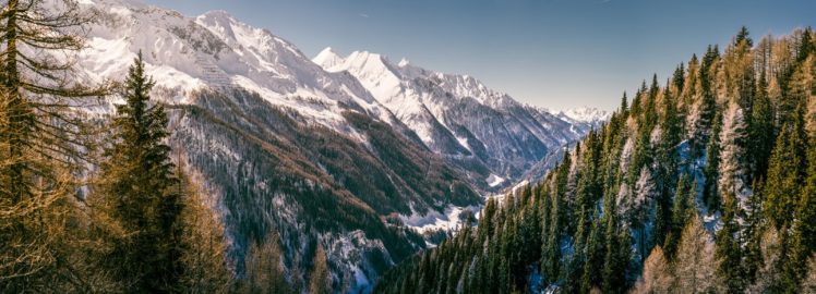 panorama, Dual, Monitor, Mountain, Forest, Snow HD Wallpaper Desktop Background