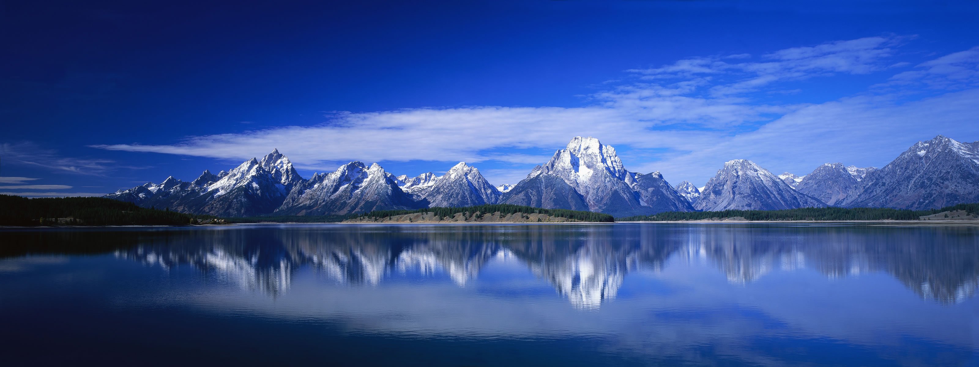 panorama, Dual, Monitor, Blue, Sky, Panorama, Dual, Monitor, Mountain, Forest, Lake, Reflection, In, Mirror Wallpaper